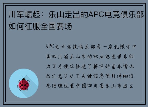 川军崛起：乐山走出的APC电竞俱乐部如何征服全国赛场